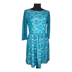 FRENCH CONNECTION lace fit & flare mini dress teal blue green cream size 8 NWT